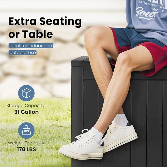 Deck Box with 31 Gallon Capacity, Weatherproof Resin Lockable Outdoor Storage for Secure Package Deliveries and Indoor Storage in Garden or Patio(Black)