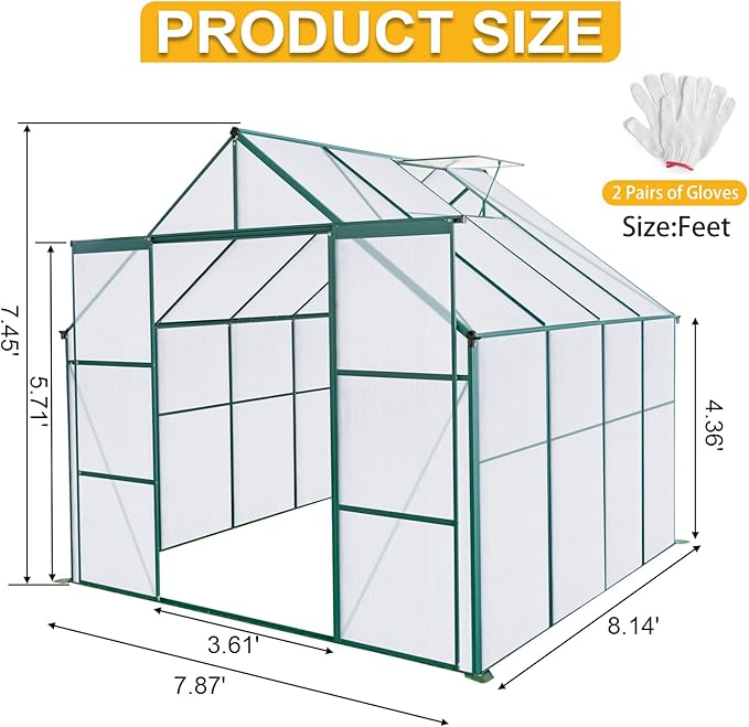 8X8 FT Greenhouses for Outdoors,Polycarbonate Greenhouse, Aluminum Heavy Duty Walk-in Green Houses, Adjustable Roof, Raised Base and Double Sliding Door for Outside Backyard, Green