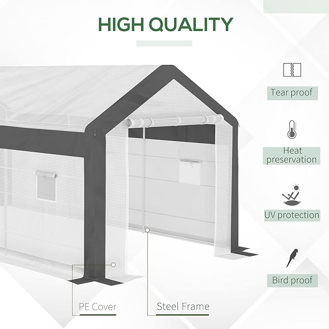 Outsunny 20' x 10' x 9' Walk-in Greenhouse, Outdoor Gardening Canopy with 6 Roll-up Windows, 2 Zippered Doors & Weather Cover, White