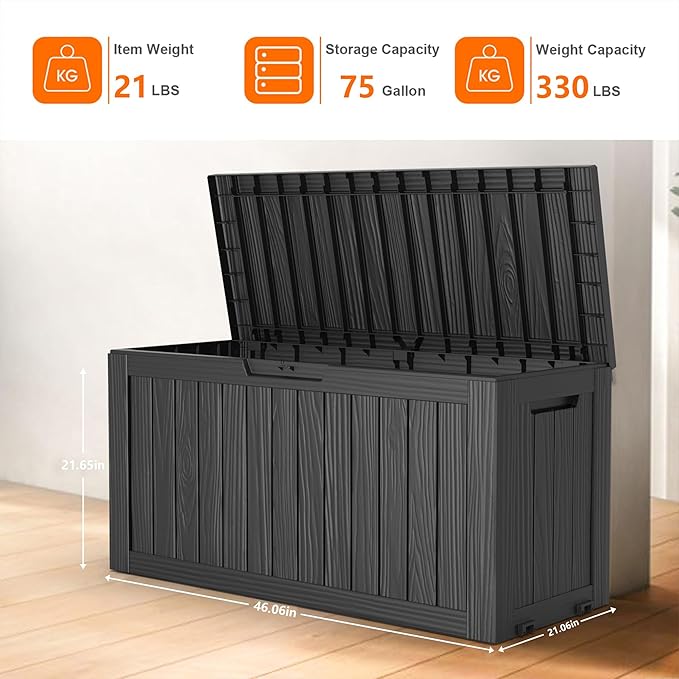 75 Gallon Large Deck Box,Resin Outdoor Storage Box with Lockable for Patio Furniture, Pool Accessories, Garden Tools Waterproof Outside Storage Box, Black