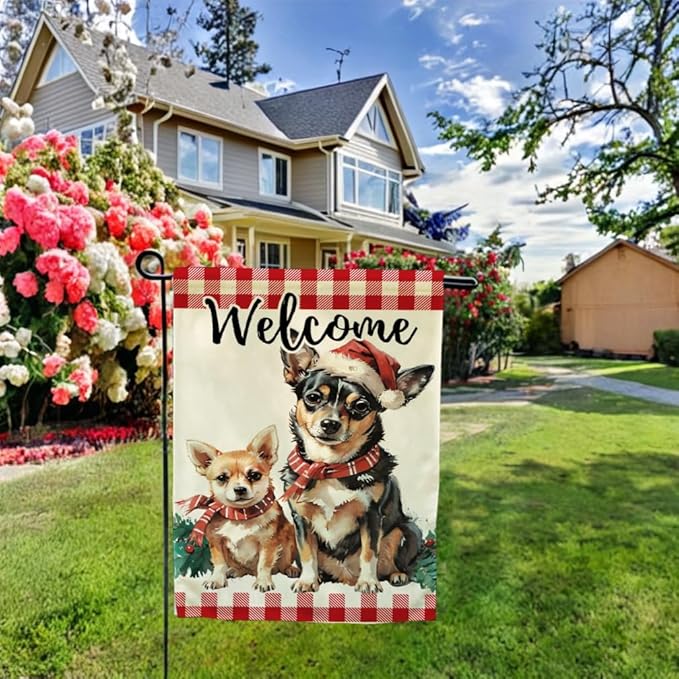 Christmas Dogs Garden Flag with Santa’s Hat Design Double Sided Farmhouse Welcome Decorative Small Burlap Flags 12.5 x 18 Inch for Winter Holiday Christmas Season Decor (Red)