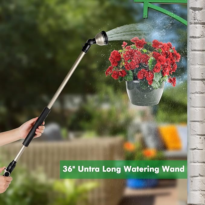 RESTMO 36” Long Watering Wand, Metal Garden Hose Wand with 180° Swivel Head and 10 Spray Patterns, 3ft Heavy Duty Hose Nozzle Sprayer with Thumb Flow Control, Ideal to Water Hanging Baskets, Shrubs