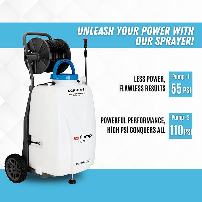 10.5 Gal Battery Powered Sprayer with Double Professional Pump with Wheels, Multifunctional and Portable Weed Sprayer for Lawn & Garden with Adjustable HD Wand and Nozzles