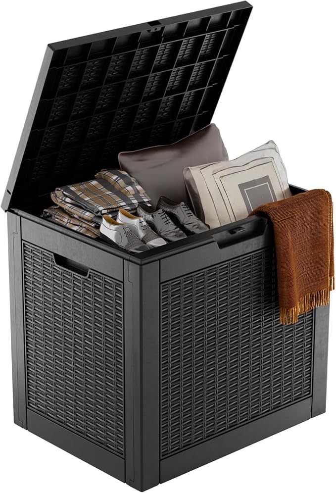 31 Gallon Wicker Pattern Resin Deck Box, Lockable Patio Outdoor Storage Box for Furniture, Garden Tools and Tools Storage, Waterproof Outside Storage Box - Black