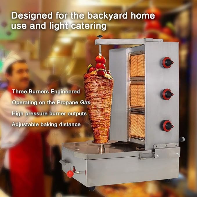 Shawarma Machine with 3 Burners Roaster Kitchen Kebab Grill Propane Gyro Machine Automatic Rotation for Restaurant Kitchen Garden
