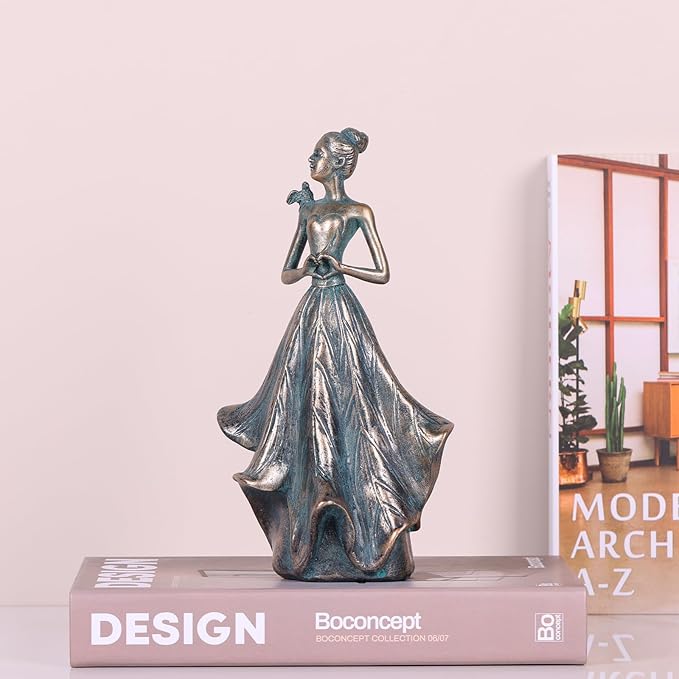 QIANLING 7'' Fairy Statue - Leaf Angel Girls with Bird Sculptures Resin Home Decor, Decorations Figurines Gift for Inside or Outside, Office, Living, Cabinets, Book Shelf or Outdoor Garden Yard