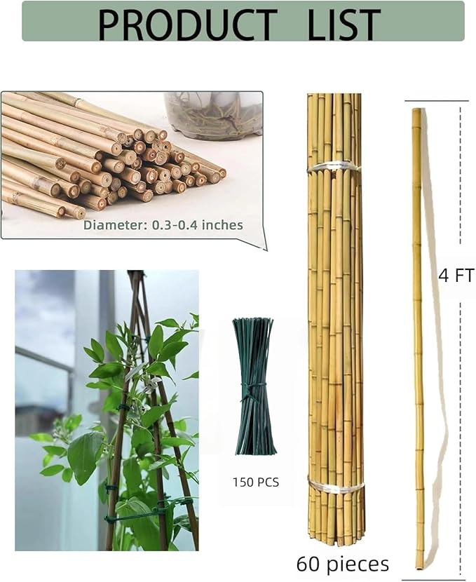 60 Pack 4 Ft Bamboo Stakes for Plant with 100 Twist Ties Bamboo Sticks Plant Support Garden Stakes Poles for Tomatoes Cucumber Grapes Pole Beans Trees Potted Dahlia Flowers