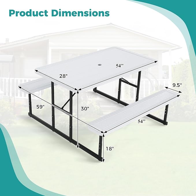 Giantex Picnic Table Bench Set for 4 People, 4.5FT Outdoor Rectangular Dining Table & 2 Benches w/Umbrella Hole, HDPE Tabletop, Metal Frame, Patio Garden Backyard Poolside (4.5FT,Non-Foldable,White)