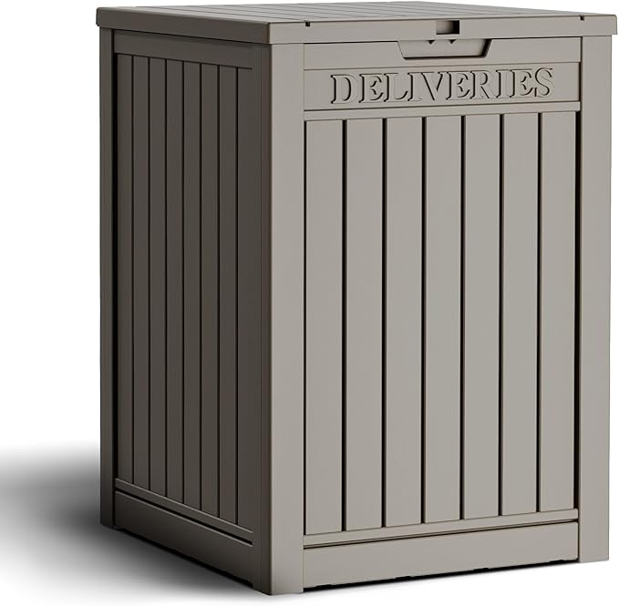 48 Gallon Outdoor Storage Box, Package Delivery Box for Outside with Lockable Secure, Resin Outside Storage Box Waterproof Deck Box for Patio & Pool, Grey