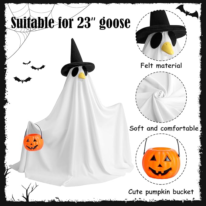 Watayo 2 Pcs/Set Halloween Ghost Porch Goose Outfits, Lawn Goose Statue Ghost Costume, Garden Goose Ghosts Clothes with Pumpkin Bucket for 23" Statue Halloween Fall Outdoor Patio Yard Decoration
