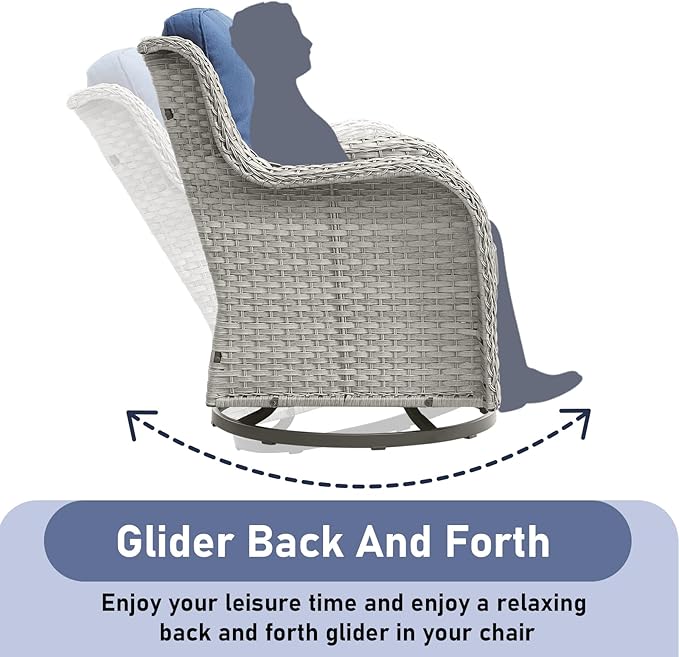 Wicker Outdoor Conversation Set-6 Pieces Outdoor Wicker High Back Couch with Swivel Rocker Chairs Patio Furniture for Deck Poolside Backyard-Light Grey/Blue