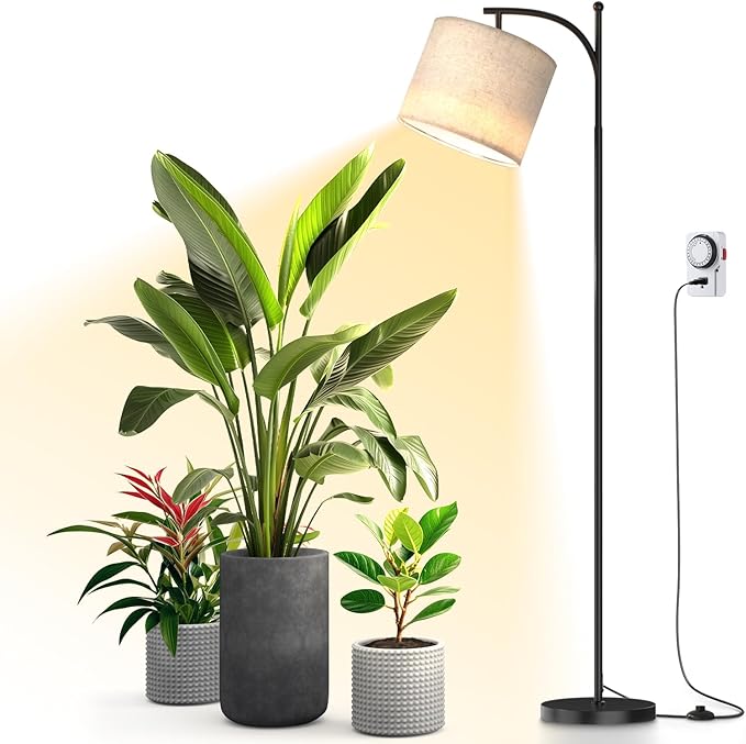 Floor Grow Lights for Indoor Plants Full Spectrum, 3000K Tall Plant Light, 25W Led Grow Light with Stand Floor Lamp with Auto On/Off Timer Function, Angle Adjustable