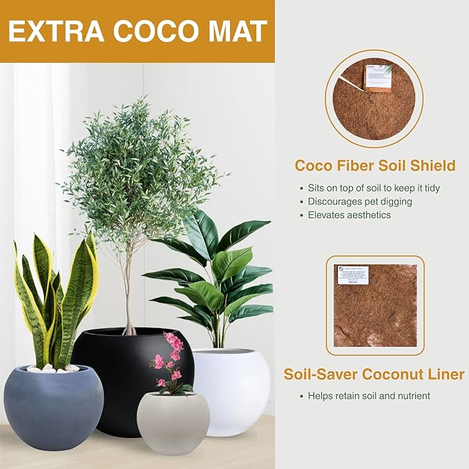 9.7" H x 12" D Globo Fiberstone Round Planter with Drainage Hole, Weather Resistant, Smooth Finish, Planters for Indoor Plants & Outdoor, 2 Extra Coco Mats (Taupe, 7.8" Pot Opening)