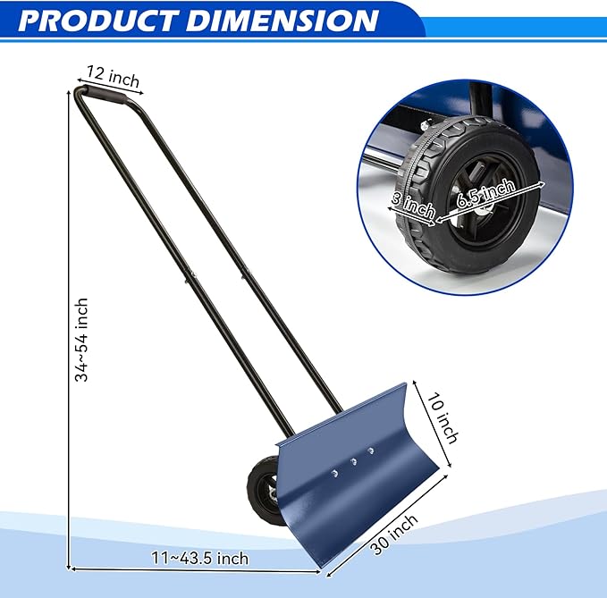 Heavy-Duty Snow Pusher Shovel,Snow Plow with Wheels,Angled Blade&Ergonomic Handle,Back-Saving Design for Efficient clearing for Drives & Paths(Blue)
