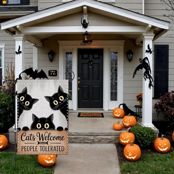 Fokongna Cats Welcome Garden Flag, Cats Welcome People Tolerated Sign Flag, 12x18 Inch Burlap Vertical Double Sided Flags, for Home Yard Outside Decorations