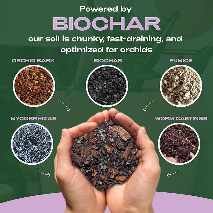 Rosy Soil Orchid Soil Potting Mix - Superior Aeration & Drainage for Orchids - Peat-Free, Microbially Active Biochar Powered Soil for Orchid Plants - Ideal for Indoor Gardening - 4 Quarts