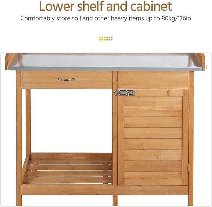 Yaheetech Outdoor Garden Potting Bench Table Work Bench Metal Tabletop W/Cabinet Drawer Open Shelf Natural Wood