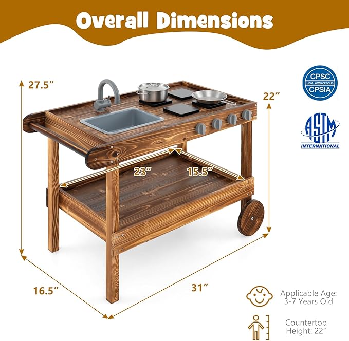 Honey Joy Mud Kitchen with Wheels - Fir Wood Outdoor Play Kitchen for Toddlers, Garden Sink, Stoves, Storage Shelf, Kids Outdoor Backyard Kitchen Playset