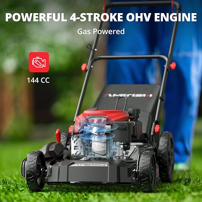 21-Inch 3-in-1 Gas Push Lawn Mower with 144cc 4-Stroke OHV Engine, 6-Position Adjustable Cutting Height, Large 1.4 Bushel Grass Catcher, Side Discharge & Mulching, Lightweight Easy Storage