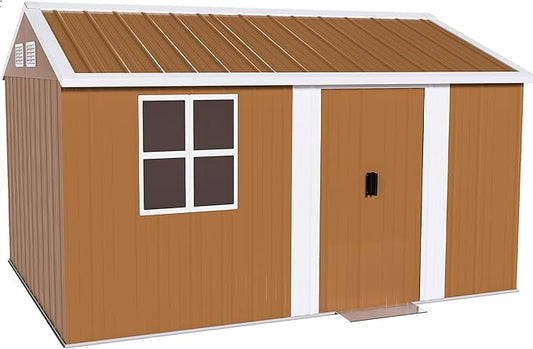 Outdoor Tool Shed 8x10 FT Heavy-Duty Metal Storage Shed with Lockable Door, Windows & Ventilation - Weather-Resistant Roof Garden Shed for Backyard, Patio, Lawn (Brown)