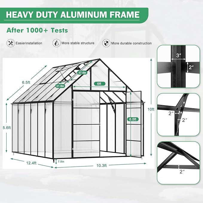 JULY'S SONG 10x12 FT Greenhouse for Outdoor, Large Easy Assembly Heavy Duty Polycarbonate Panels Aluminum Frame Walk-in Green House with 2 Windows Wider Door for Garden Plants Outside