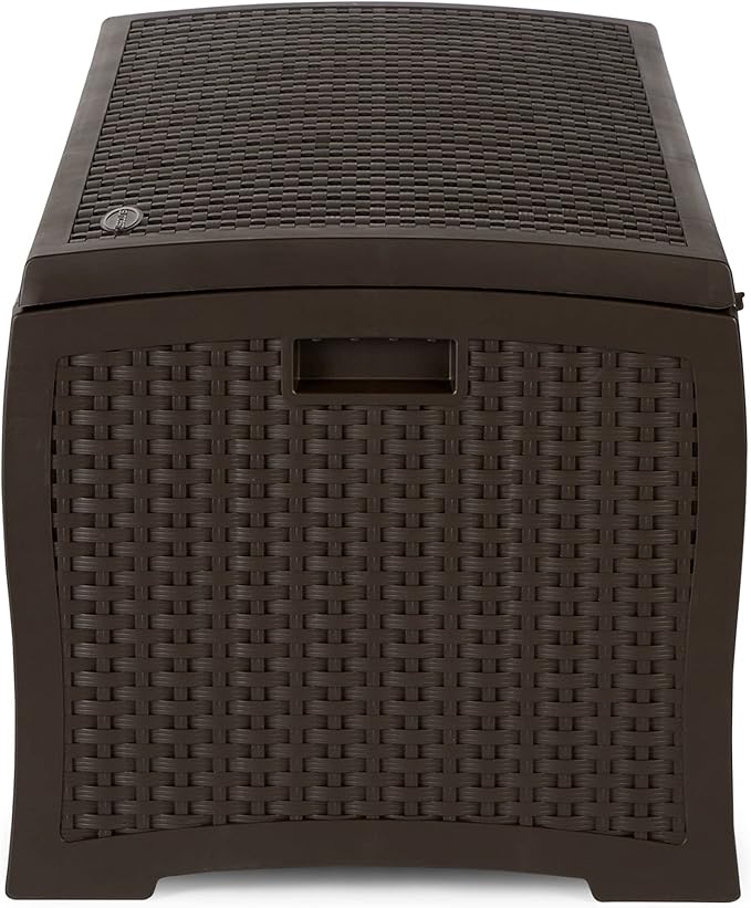 Suncast Outdoor Storage Box - 73 Gallon Mocha Brown Deck Box for Patio, Waterproof Outdoor Storage Bench, Resin Wicker Style, Heavy-Duty, Lockable Lid for Cushions, Shoes, Pool & Garden Gear