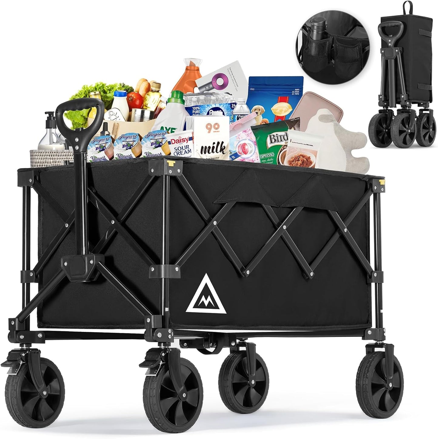 Wagon Cart Shopping Foldable Folding Collapsible with Wheels Big On Beach Garden Outdoor Grocery Heavy Duty Utility All Terrain Portable Wagons Carts for Groceries Sand Camping Sports Black