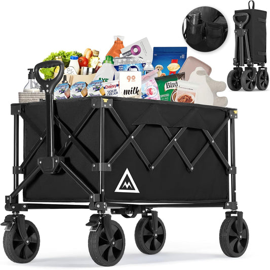 Wagon Cart Shopping Foldable Folding Collapsible with Wheels Big On Beach Garden Outdoor Grocery Heavy Duty Utility All Terrain Portable Wagons Carts for Groceries Sand Camping Sports Black