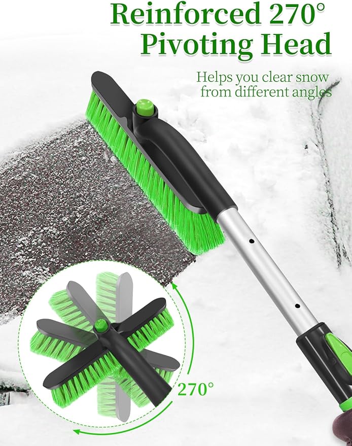 HEEYA Car Ice Scraper with 12.6 Inch Large Brush Head, Snow Brush and Ice Scraper for SUV Windshield Window, Extendable Snow Scraper for Truck Automobile Vehicle - Green
