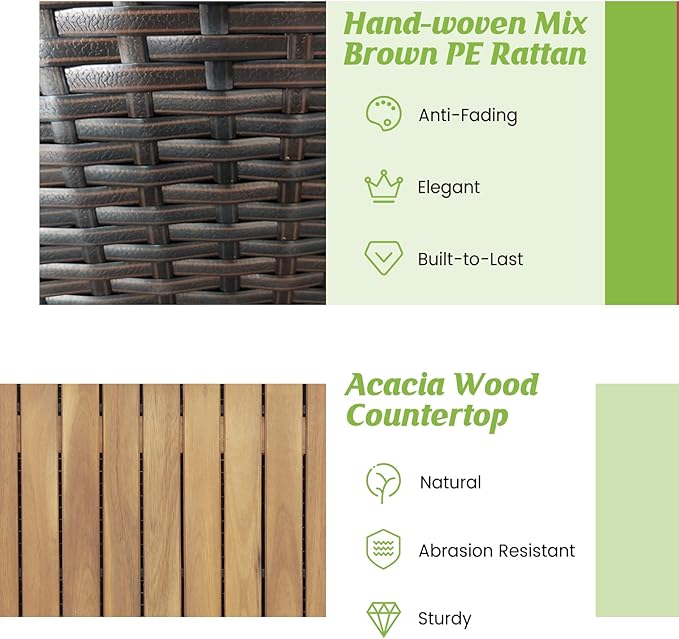 HAPPYGRILL 134 Gallon Rattan Deck Box, Patio Wicker Storage Box with Zippered Liner, Solid Acacia Wood Top & Feet, Effort-Saving Pneumatic Rod, Outdoor Storage Container for Porch Backyard