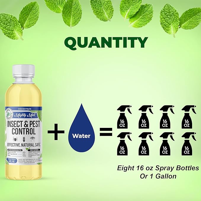 Mighty Mint Peppermint Oil Insect Repellent Concentrate– Natural Indoor & Outdoor Bug Control for Spiders, Ants, Roaches, and More – Plant-Based, Extra-Strong Formula - 8 oz