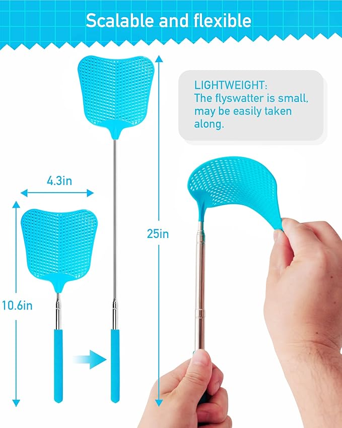 Wapodeai 2 Pack Fly Swatters Heavy Duty Set, Telescopic Fly Swatter, Stainless Steel Handle for Flyswatter (Blue)