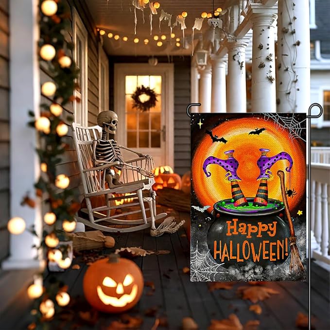 Happy Halloween Garden Flags for Outside 12x18 Inch Double Sided Burlap, Spooky Ghost Bat Sign Small Flag Farmhouse Holiday Yard Outdoor Decorations DF857