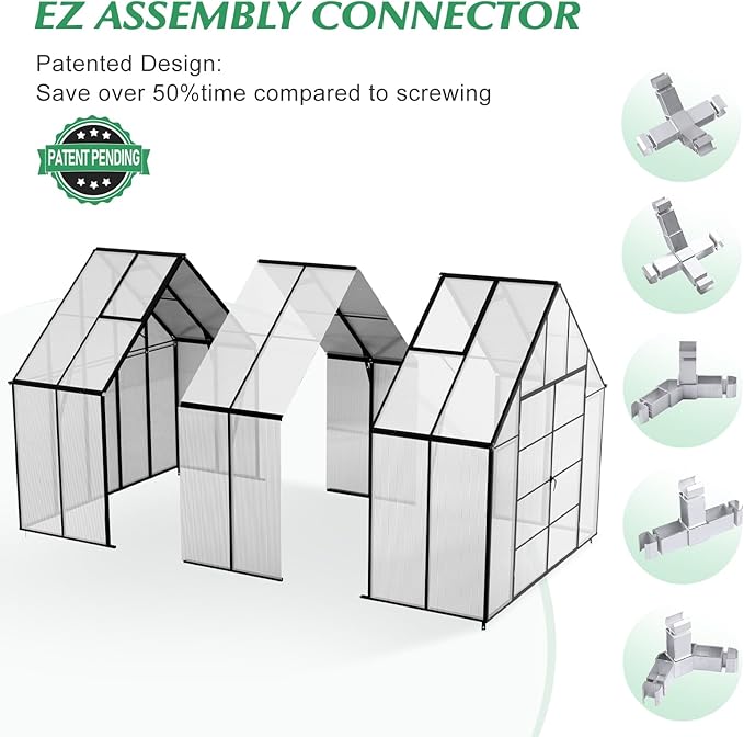 10x10x12 FT Heavy-Duty Greenhouse 2.0 with Polycarbonate Panels, Swing Door, Hinged Roof Vent, and Rain Gutters for Outdoor Use, Aluminum Black