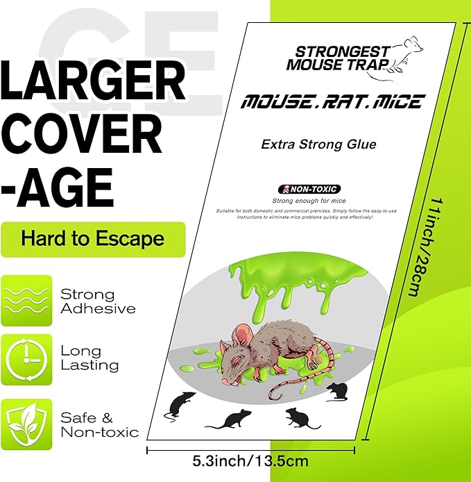 Qualirey 10 Pack Large Sticky Mouse Traps, 11 x 5.3 Inch Non-Toxic Bulk Mice Glue Trap, Rat Glue Boards Indoor Pest Control for Rodent and Insects, Snakes, Cockroaches, Spiders, and Scorpions