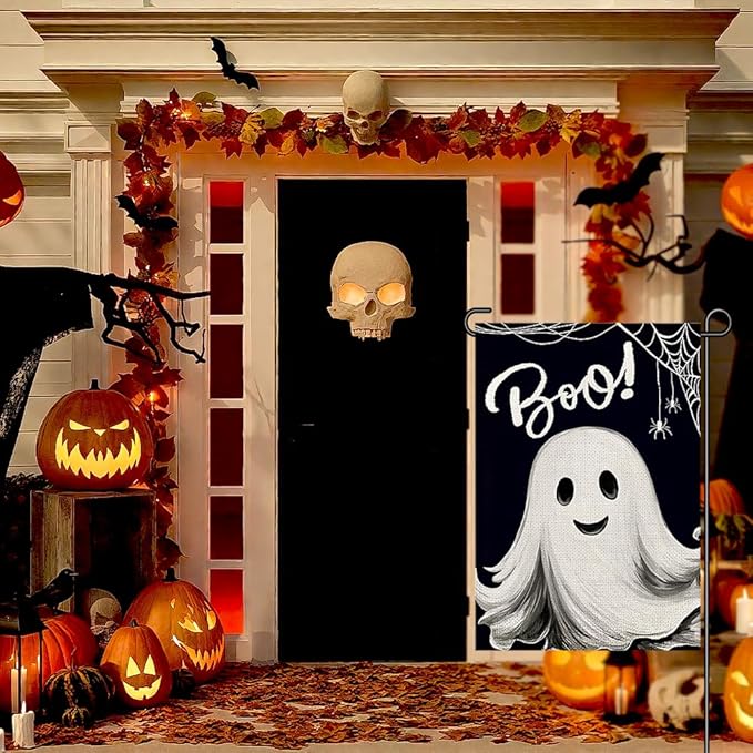 Halloween Ghost Garden Flags for Outside 12x18 Double Sided Burlap, Spooky Boo Sign Welcome Small Flag Farmhouse Holiday Yard Lawn Outdoor Decorations DF886