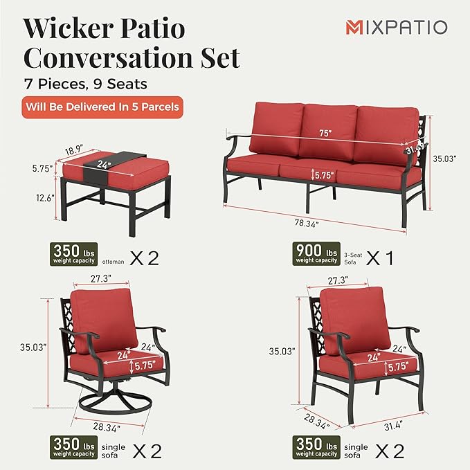 Patio Furniture Set 7 pcs, Outdoor Patio Furniture, 3-Seat Sofa, 2 Single Chairs, 2 Swivel Chairs, 2 Ottomans and 5.75" Extra Thick Cushion, Patio Conversation Set for Backyard Deck,Red