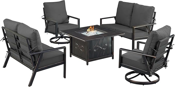 Oakland Living Black Aluminum Patio Fire Table Set with Two Deep Seating Loveseat with Cushions and Two Club Chairs with Black Cushions