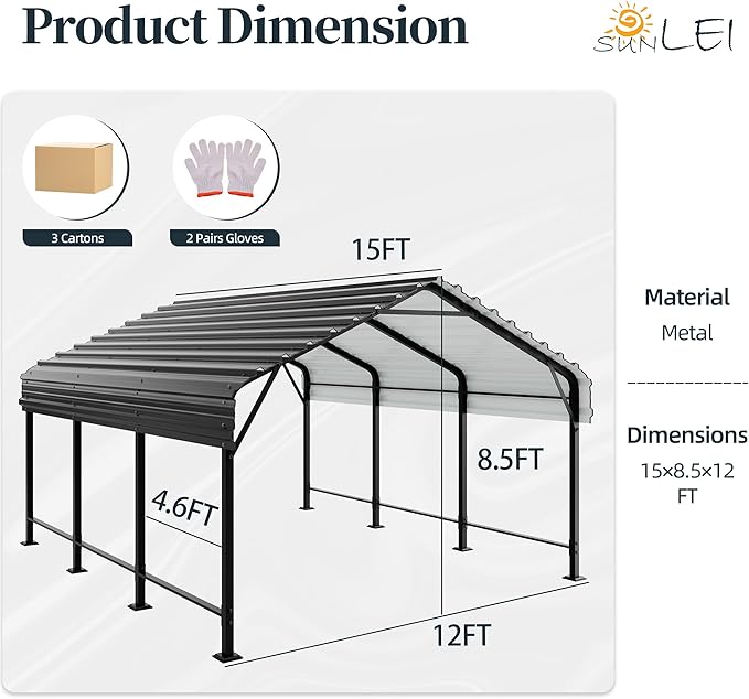 Metal Carport, Heavy Duty Metal Carport Canopy with Galvanized Steel Roof and Frame, Permanent Garage for Pickup, Bass Boat, Trucks, Car and Tractors