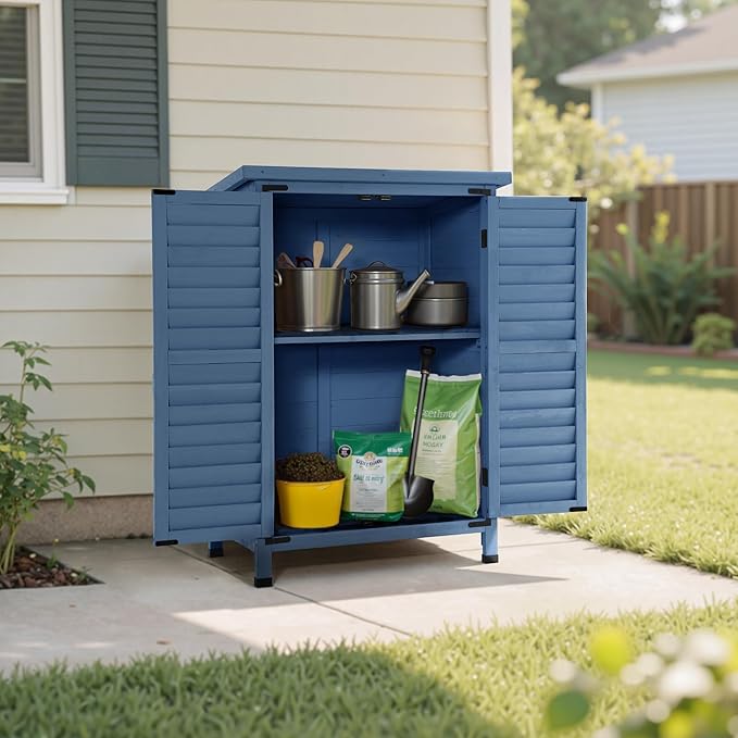 MCombo Outdoor Storage Cabinet, Small Storage Shed with Removable Shelf, Wood Garden Shed with 2 Doors for Yard Patio Lawn (24.6 x 18.3 x 38.2 inch) 0985 (Blue)