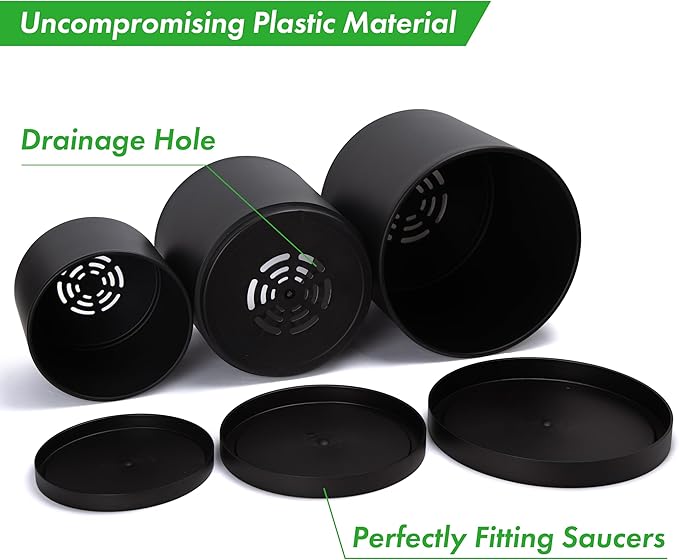 D'vine Dev 8 Inch 10 Inch 12 Inch, Set of 3 Plastic Planter Pots for Plants with Drainage Hole and Seamless Saucers, Black Color, X-Large, 74-V-B-5