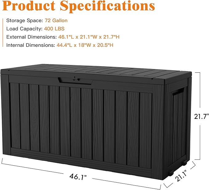 72 Gallon Outdoor Storage Box, Waterproof Deck Box with Handles and Lockable Lid, Resin Patio Storage Box with Hydraulic Rods for Garden Tools, Cushions, Black