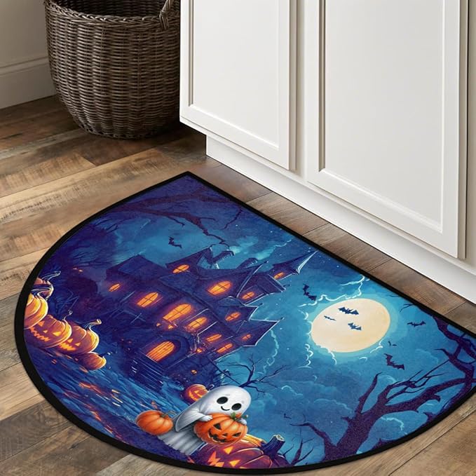 Halloween Half Round Door Mat, Halloween Castle Pumpkin Ghosts Semicircle Door Mats, Non Slip Area Rug Soft Doormat for Indoor Entrance Wear Resistant Welcome Mat for Garage Patio Home 24 x 36 In