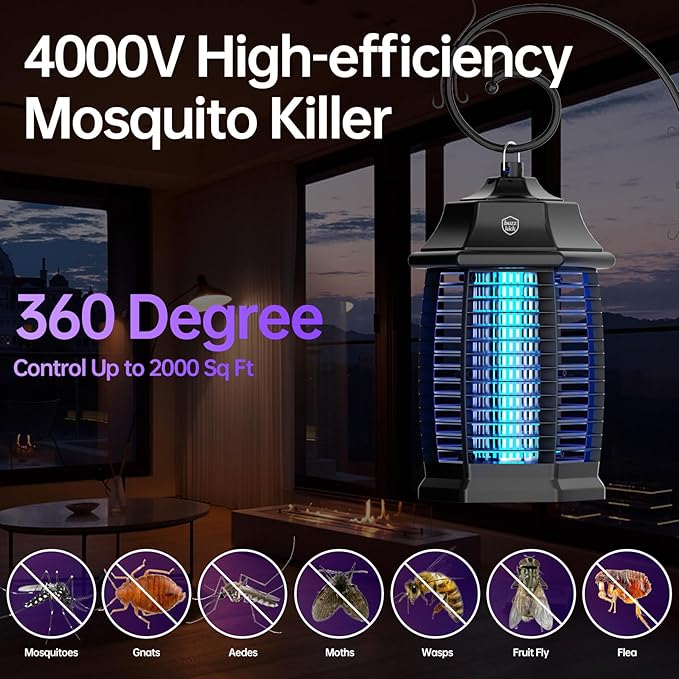 Bug Zapper Indoor, Electric Mosquito Fly Zapper Effective 4000V Plug in Insect Zapper Flies Traps 6.5 FT for Home Patio Office Courtyard