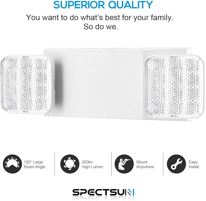 SPECTSUN 12 Pack LED Emergency Lighting Fixture with 2 LED Heads and Hardwired Adjustable White Color Commercial Emergency Lights with Battery Backup for Power Failure