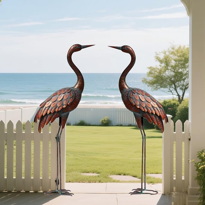 chisheen 2PCS Garden Crane Statues Outdoor Sculptures Metal Yard Art Statue for Garden Decoration Large Size Set of 2