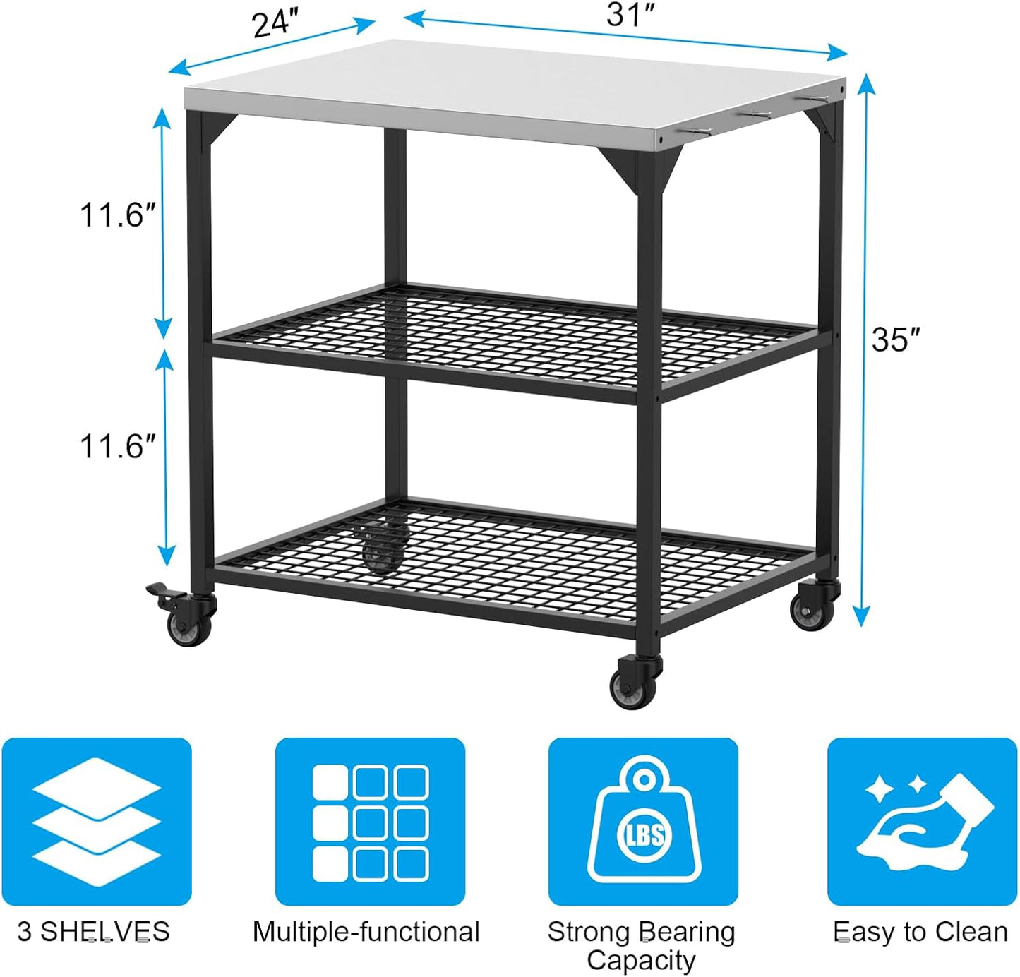 Outdoor Grill Cart 31x24x35 Pizza Oven Table for Ooni Blackstone Ninja Woodfire Flat-top Grills Stainless Steel Trolley Three-Shelf Movable Food Prep and Work Stand Table with Waterproof Cover