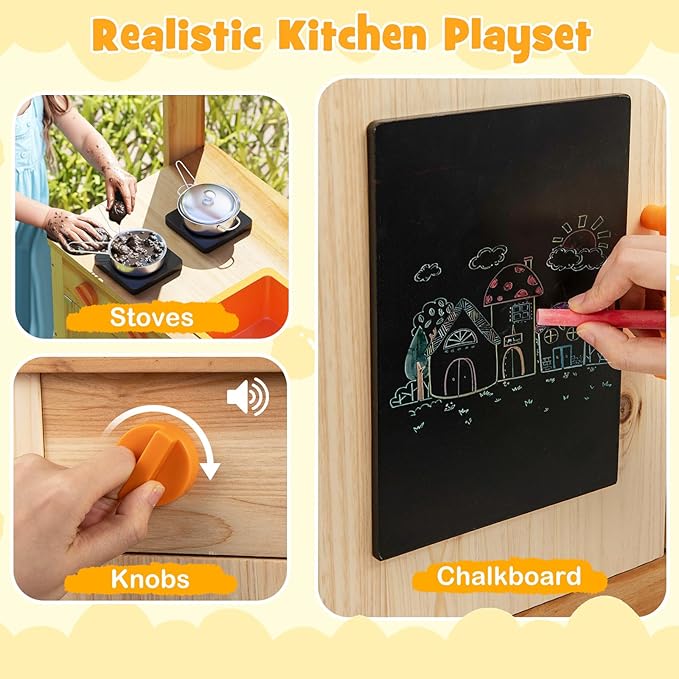 HONEY JOY Mud Kitchen, Fir Wood Outdoor Play Kitchen for Toddlers, 4 Planting Cups, Cookware, Faucet & Sink, DIY Acrylic Board & Blackboard, Storage, Mud Table, Mud Kitchen for Kids Outdoors, Natural