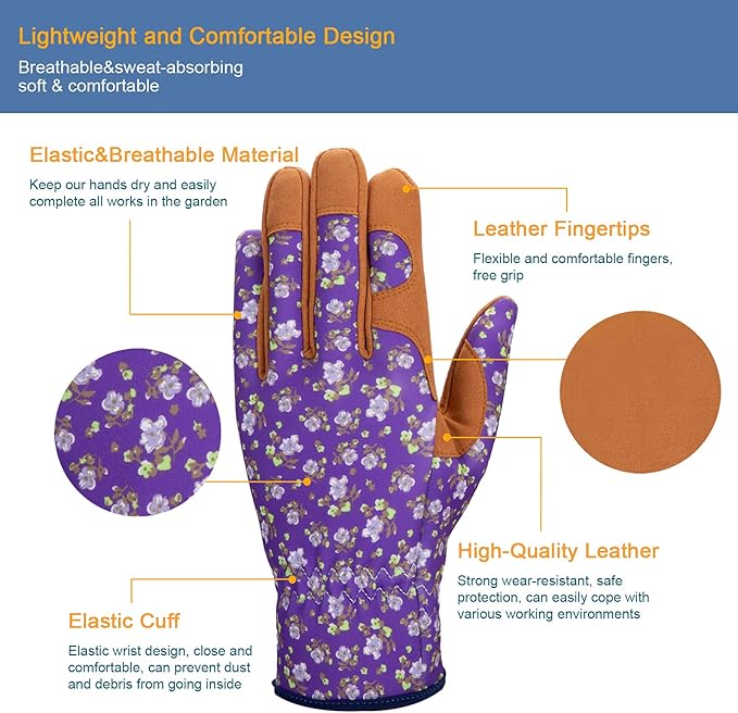 Bamllum Leather Gardening Gloves for Women - Working Gloves for Weeding, Digging, Planting, Raking and Pruning