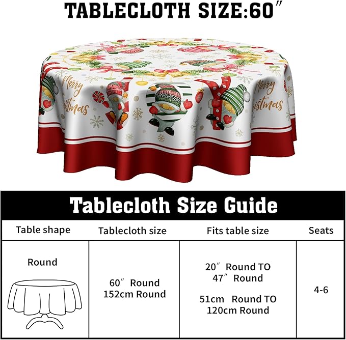 Gnomes Joy Christmas Decorations Tablecloth Farmhouse Xmas Winter Snowflake Tablecloth for Circular Table Cover Dinner Table Parties,60 Inch Round